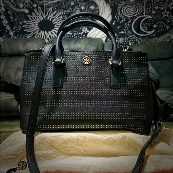 Vintage Tory Burch tote bag crossbody purse Black Satchel with Gold Accents - Picture 9 of 17